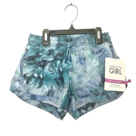 New ATHLETA GIRL All Play 3" Tie Dye Unstoppable Blue Multi Shorts - Picture 1 of 5